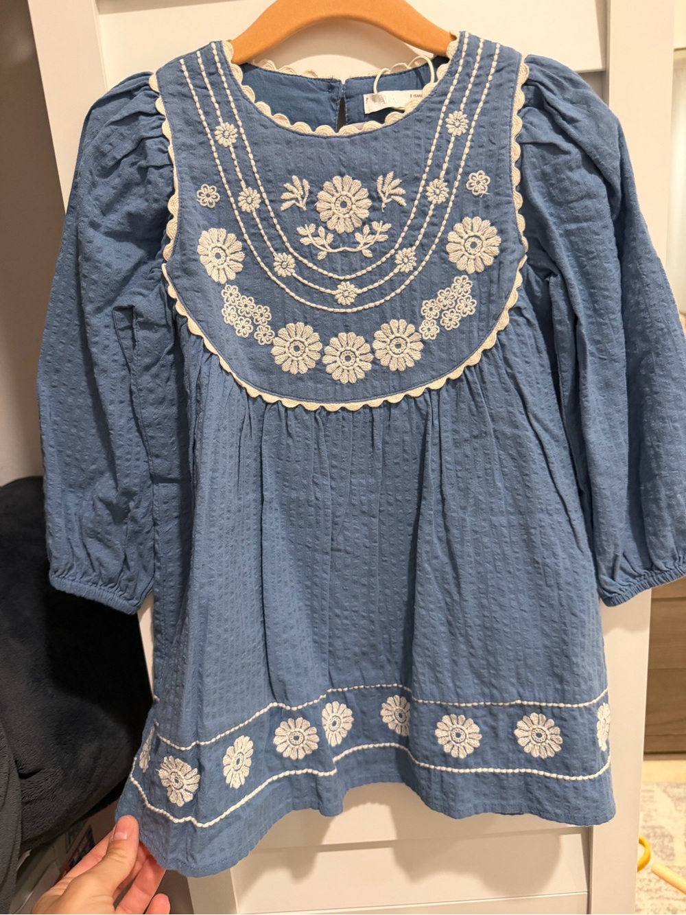Zara Blue Dress with Cream Floral Embroidery